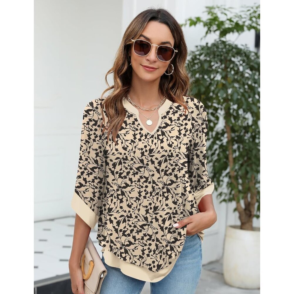 Women's Chiffon Blouse 3/4 Sleeve V Neck Double Layers Mesh Flowy Top - Picture 2 of 5